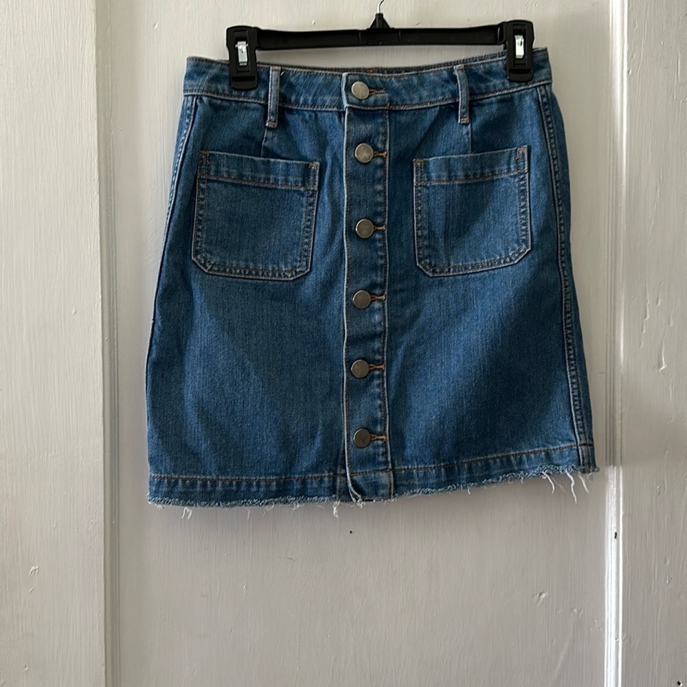 Loft Outlet Medium Wash Button Down Raw Hem Denim Skirt
